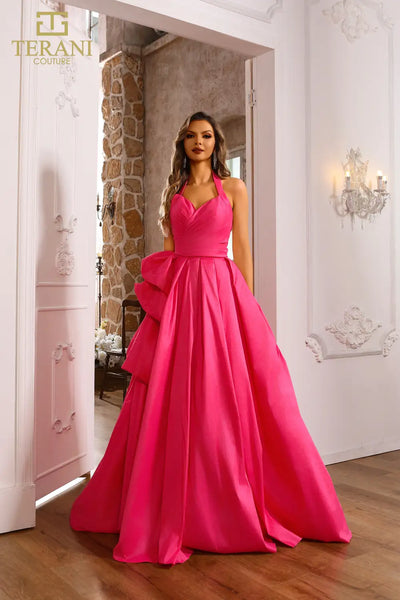 251P4058 Stretch Tafetta Sleeveless Halter Ballgown