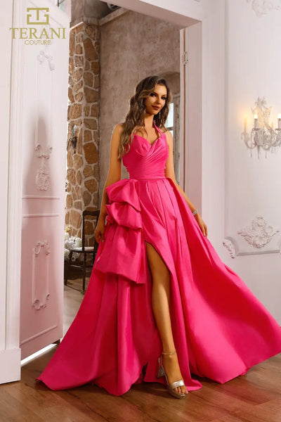 251P4058 Stretch Tafetta Sleeveless Halter Ballgown