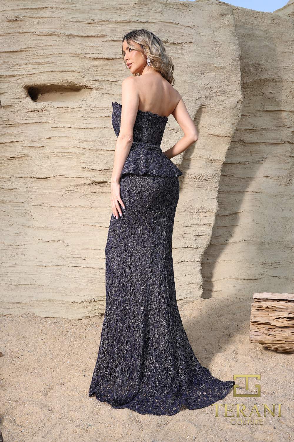 252E5144 - Fit and Flare Long With Peplum Evening Dress