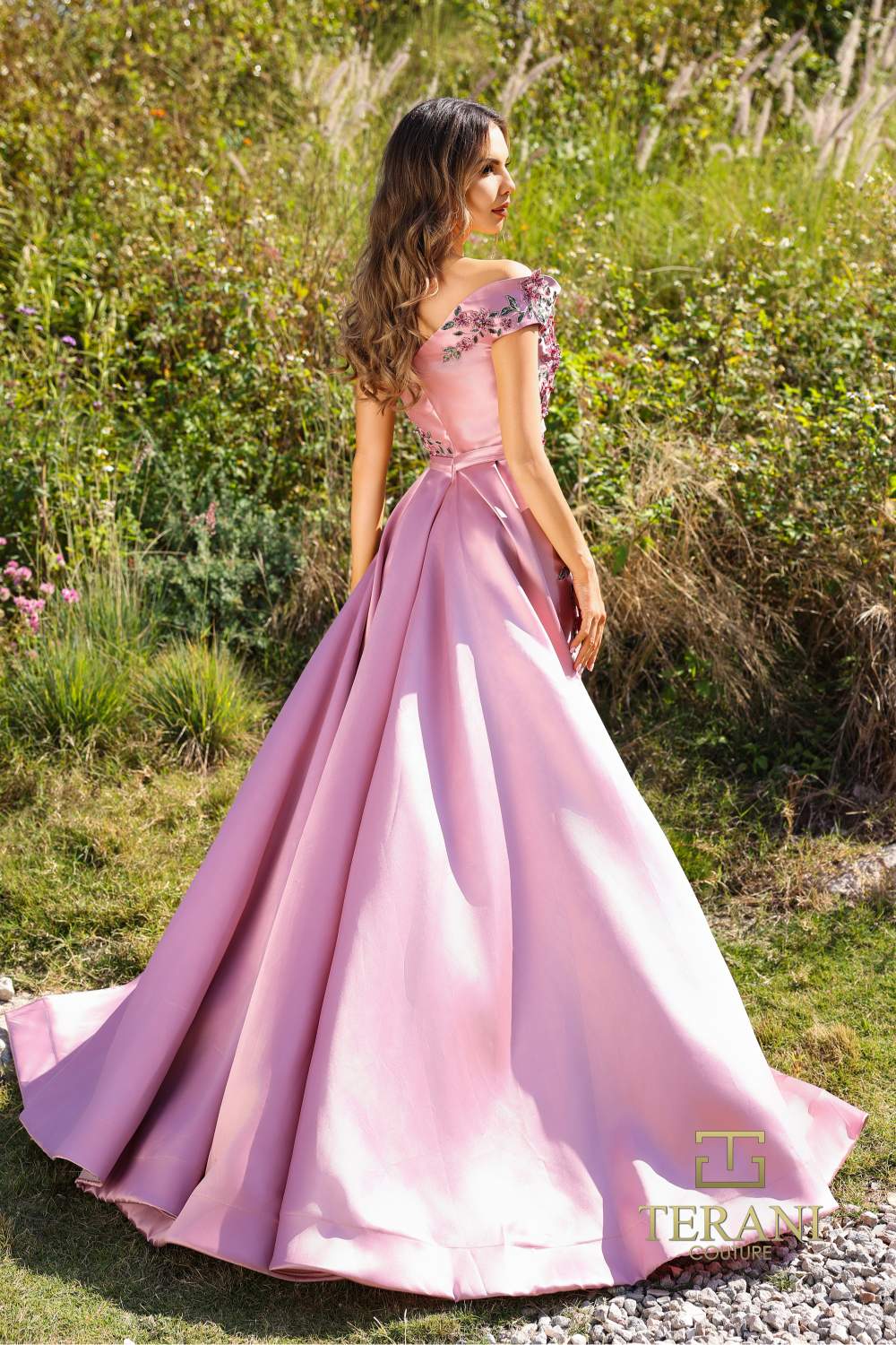plus size tiered dress formal Sydneys Closet SC7386 Long Prom Dress Plus Size Strapless A-Line Floral Slit Puff Sleeves Train Pockets Formal Gown 14 / Green Floral
