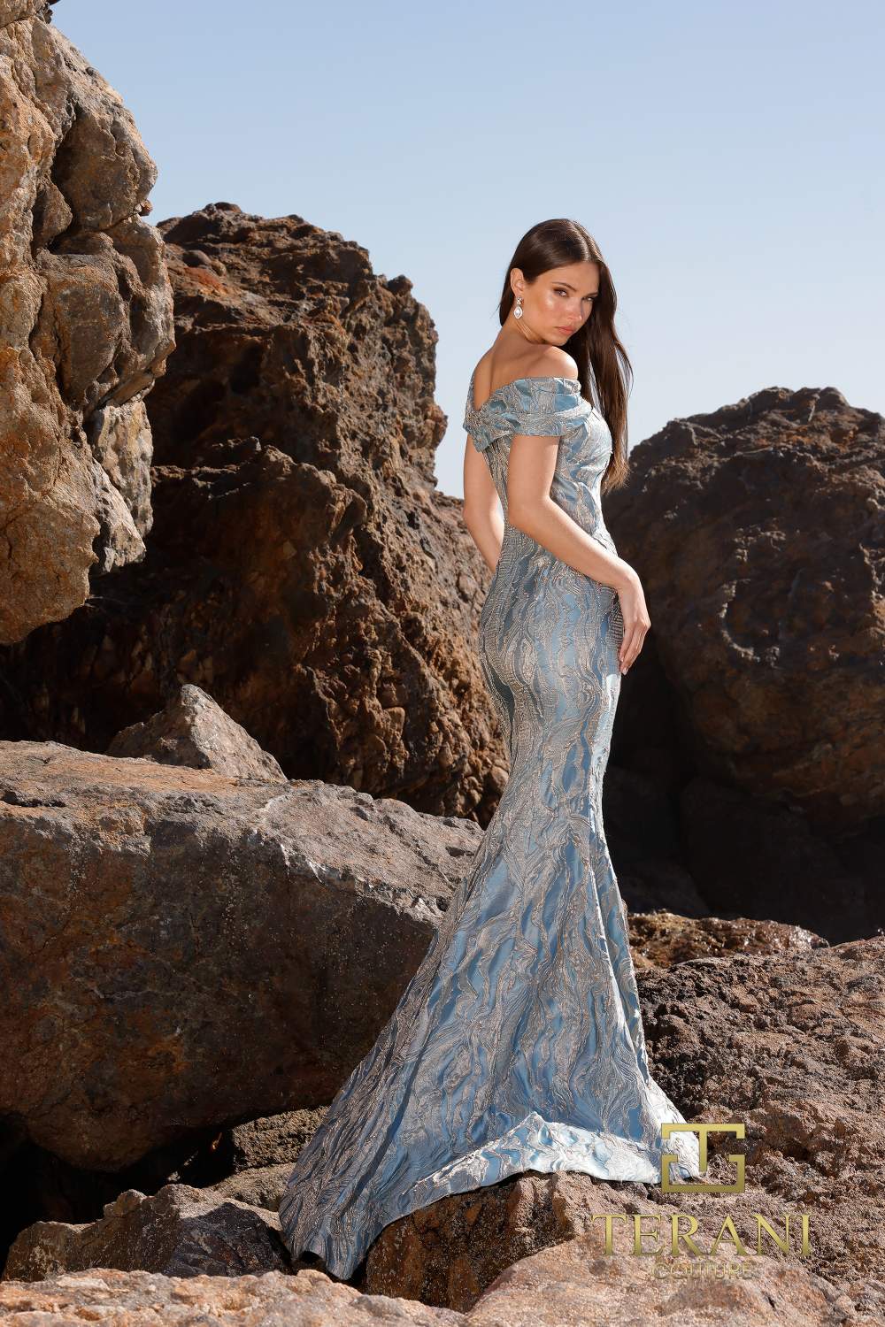252M5520 - Brocade Asymmetrical Bodycon Long MOB Dress 252M5520 - Brocade Asymmetrical Bodycon Long MOB Dress