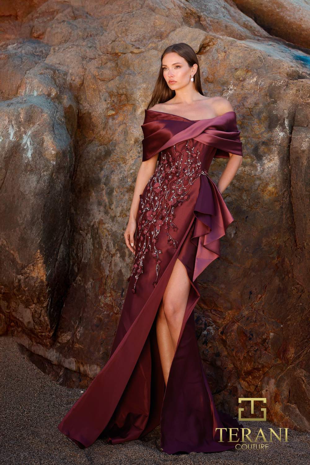 242E3185 Metallic Lace Off-Shoulder A-Line Evening Dress