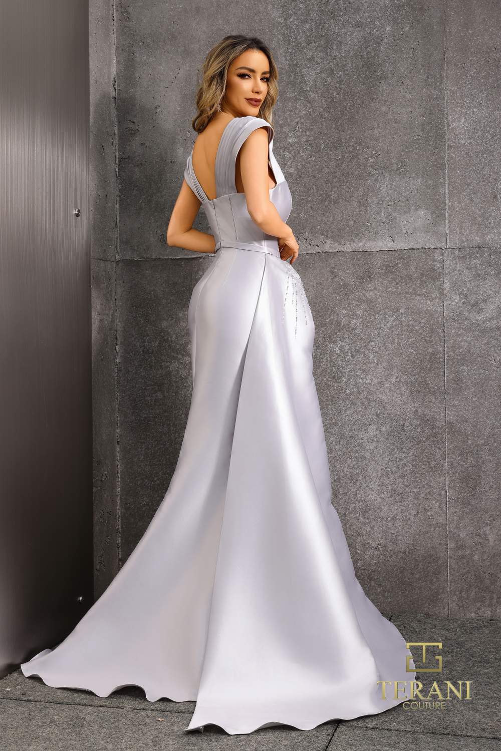 252M5342 - Mikado Asymmetrical Side Train Long MOB Dress