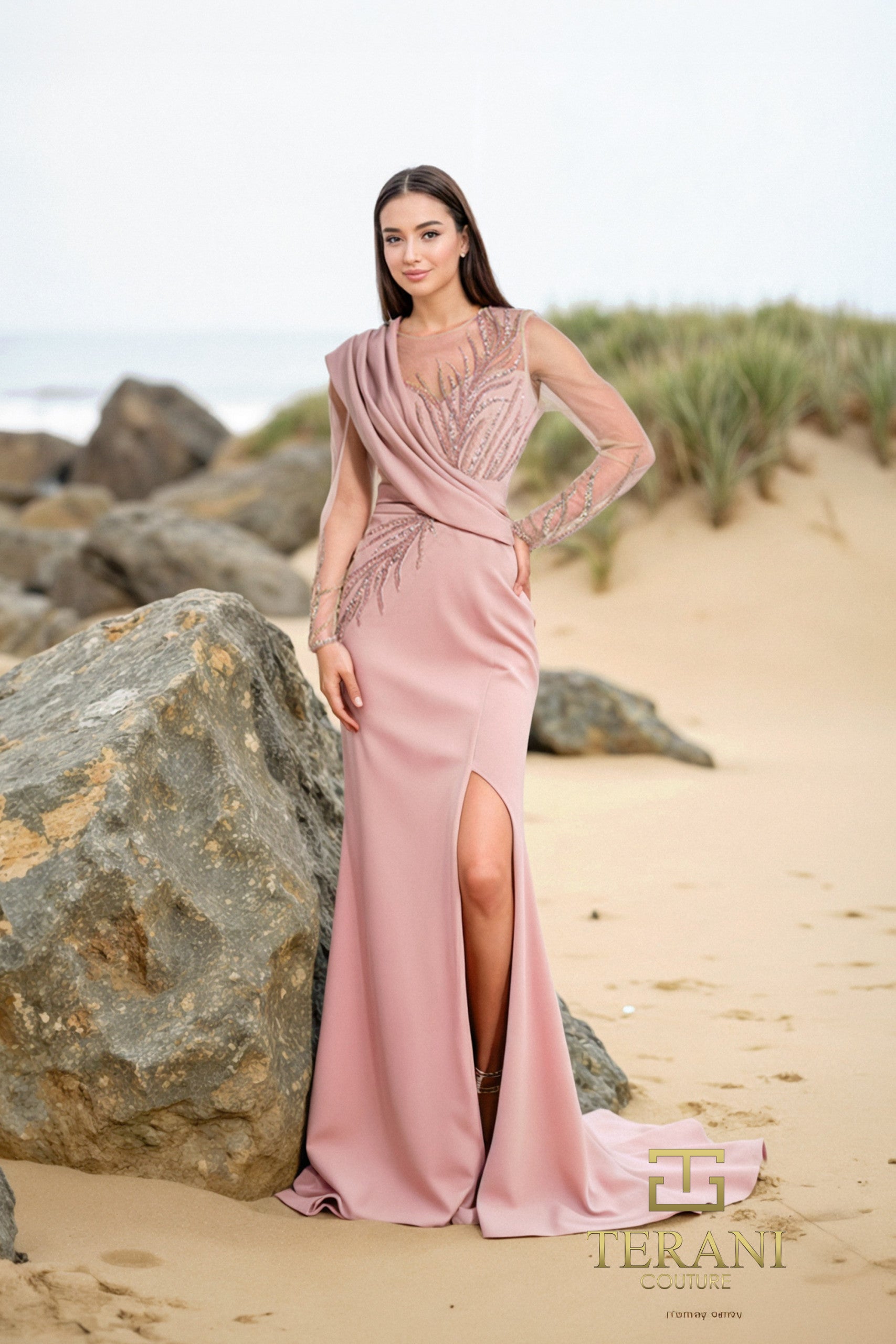 252M5310 - Champagne V-Neck Mock 2 Piece Long MOB Dress