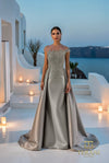 Illusion Neck Stretch Mikado Column Gown with Overskirt and Cap Sleeves - 261E6254