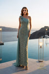 Grecian One-Shoulder Matte Satin & Lace Column Gown with Flare - 261E6257