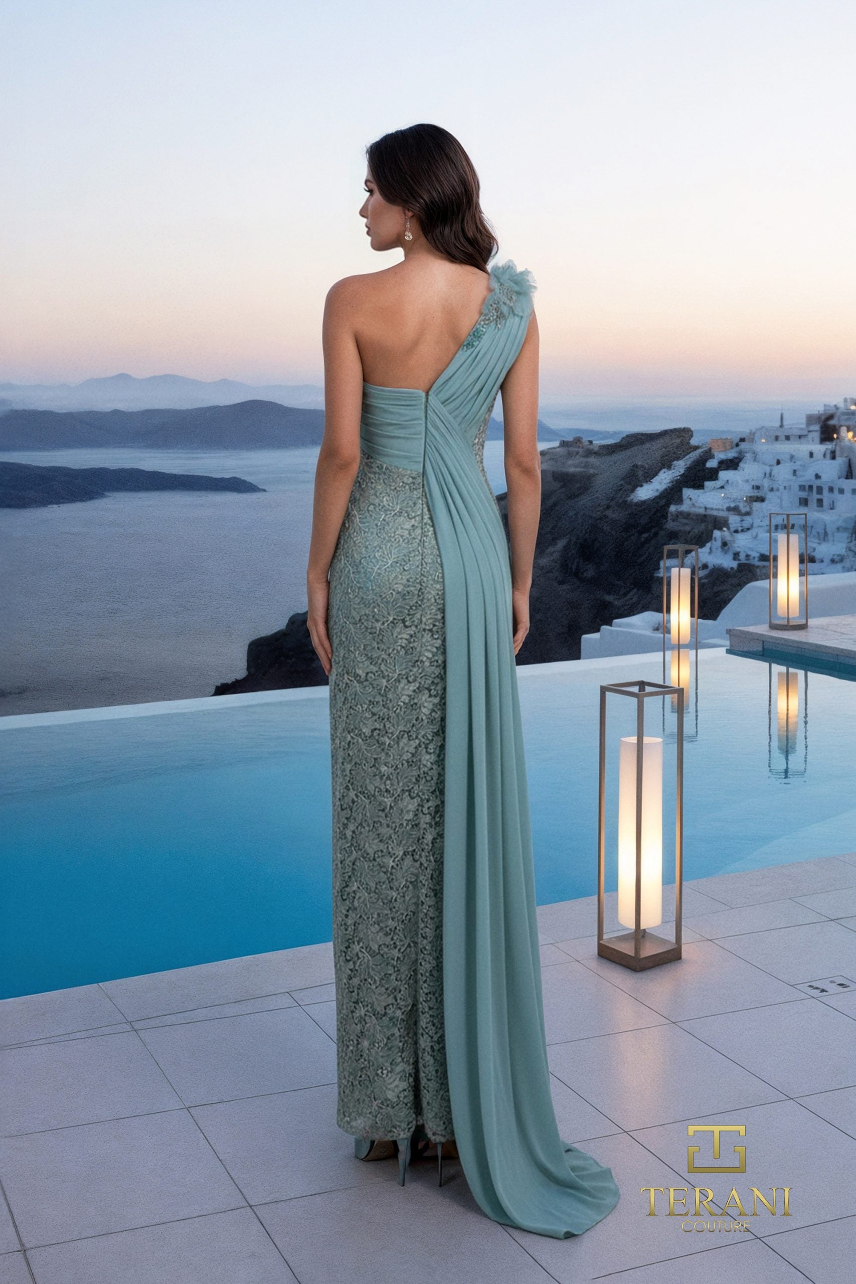 Grecian One-Shoulder Matte Satin & Lace Column Gown with Flare
