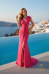 V-Neck Crepe Sheath Gown with Cap Sleeves and Slit - 261E6721