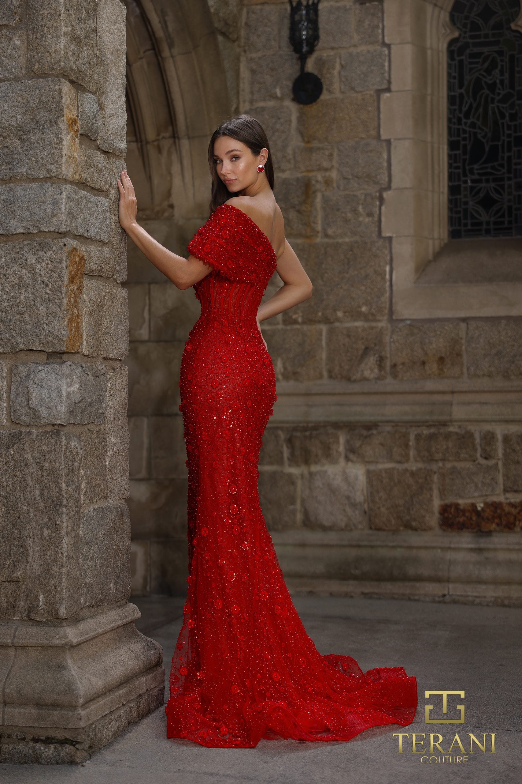 asymmetric off the shoulder sheath dress Asymmetric Off-Shoulder Beaded Tulle Sheath Gown with Cap Sleeve