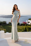 Asymmetric Off-Shoulder Crepe Back Satin & Beaded Tulle Sheath Gown - 261M6427