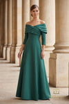 Off-Shoulder Stretch Mikado A-Line Gown with Long Sleeves - 261M6434