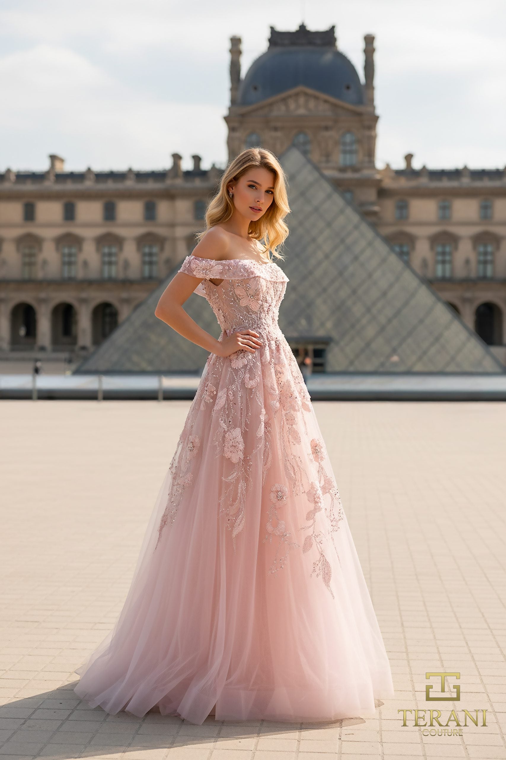 Off-Shoulder Beaded Tulle A-Line Gown - 261M6435