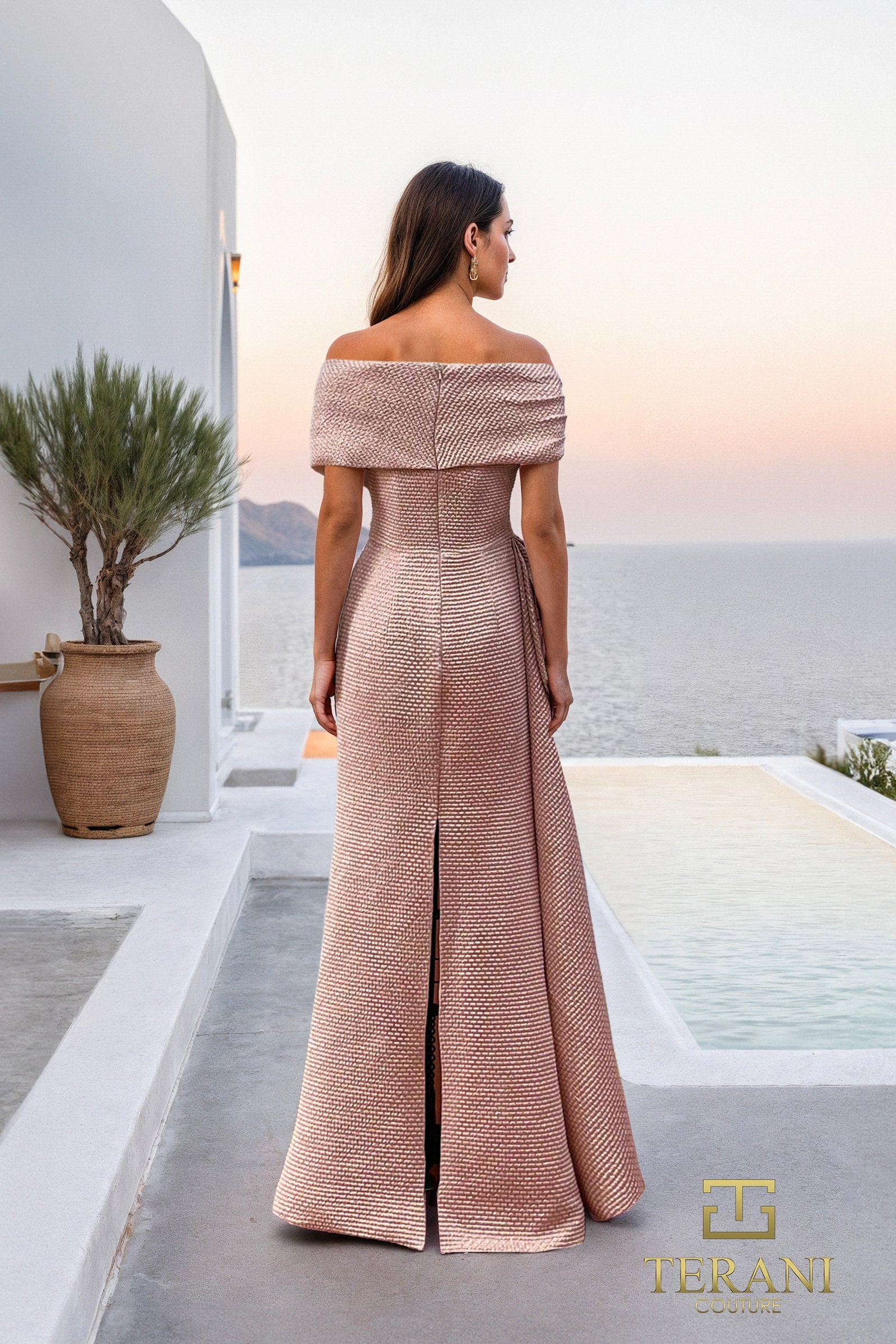 Off-Shoulder Jacquard Sheath Gown with Cape Sleeves - 261M6679