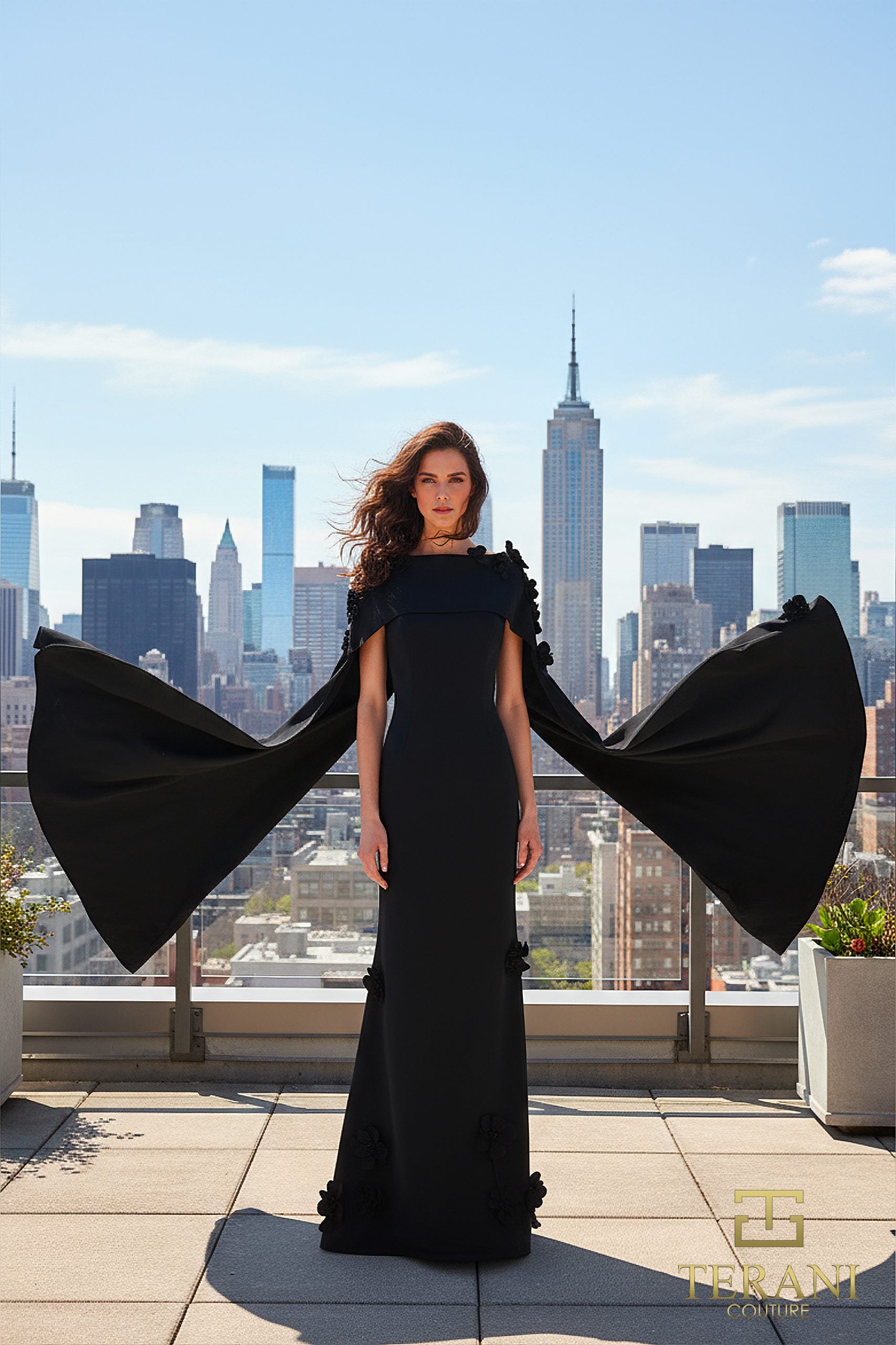 Boat Neck Crepe Gown with Cape Sleeves - 261M6687