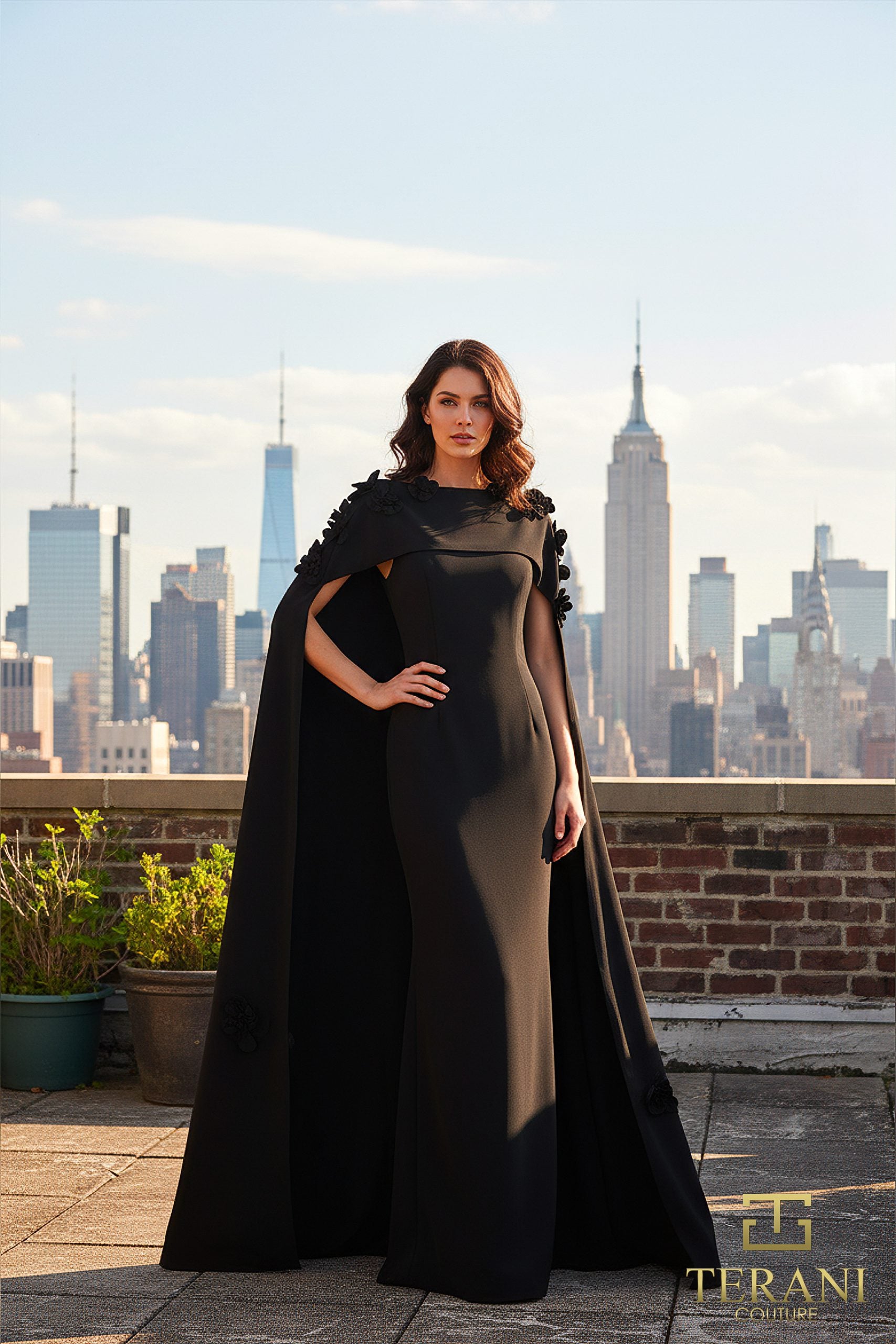 Boat Neck Crepe Gown with Cape Sleeves - 261M6687