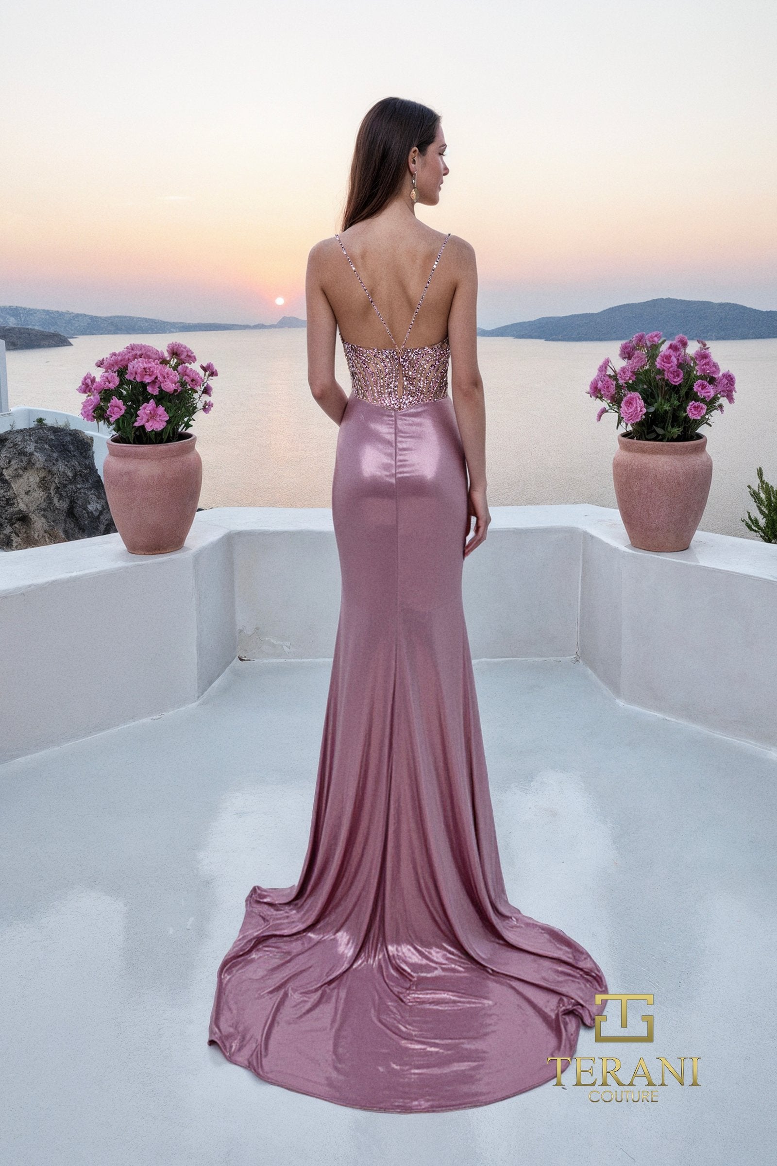 Deep V-Neck Slinky Jersey Sheath Gown with Slit - 261P6667