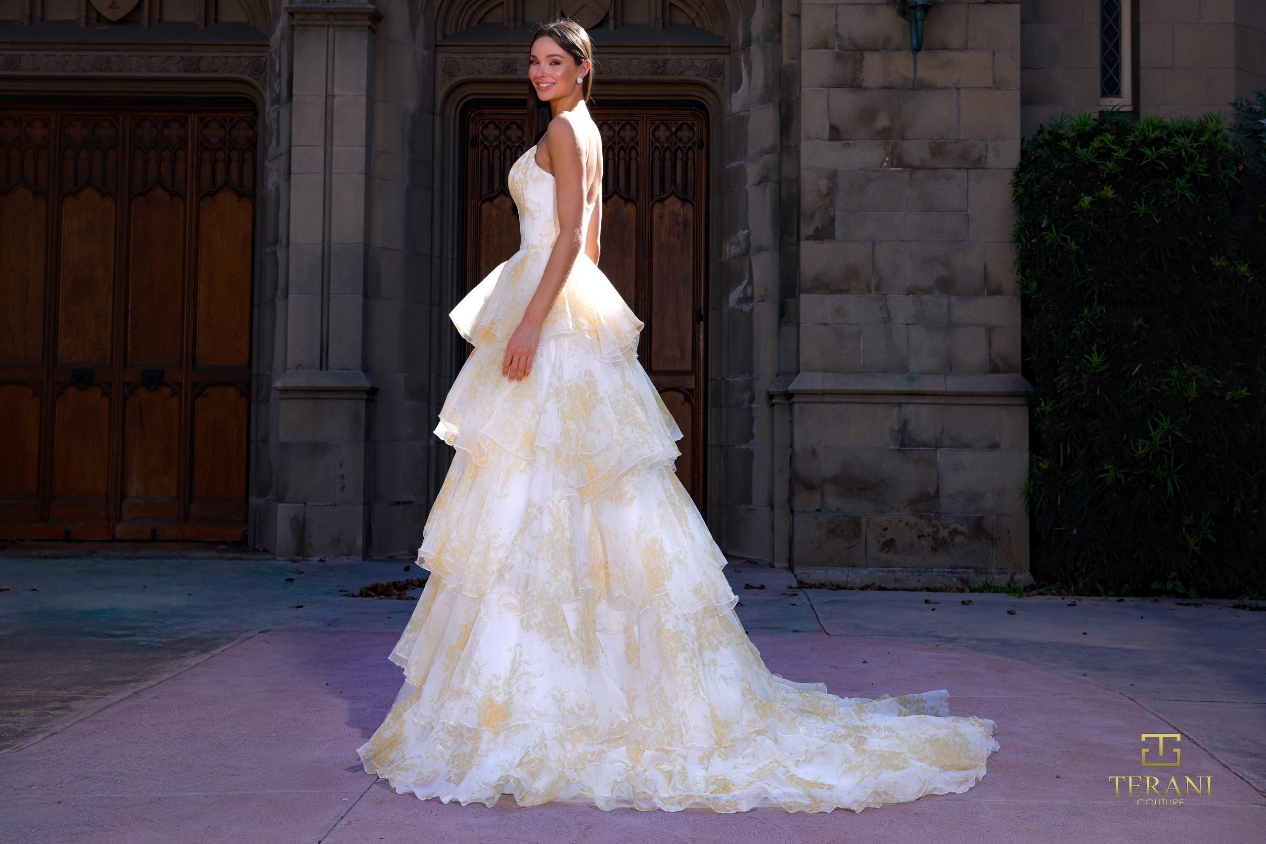 Deep Sweetheart Printed Chiffon Tiered High-Low Ballgown - 261P6673