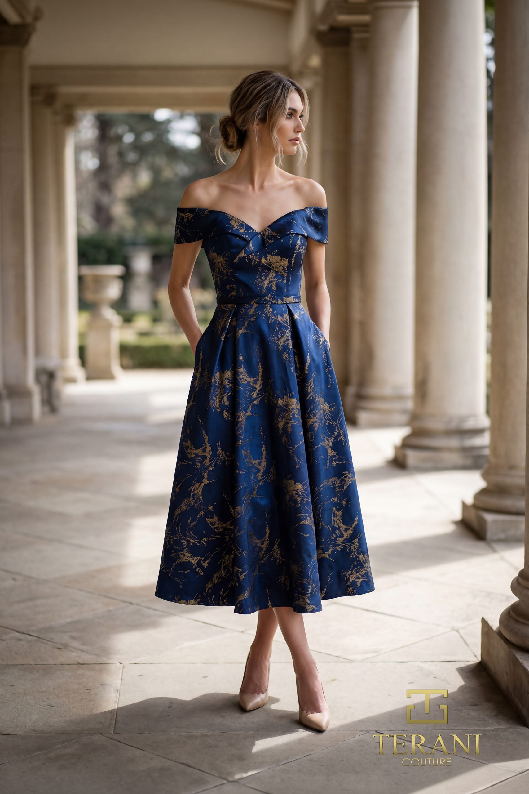 Off-Shoulder Jacquard Fit & Flare Gown  - 261C6515