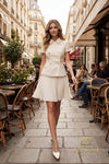 Round Neck Tweed & Chiffon Fit & Flare Dress with Collar - 261C6519
