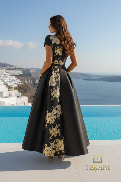 V-Neck Print Mikado Pantsuit with Overskirt and Cap Sleeves - 261E5194