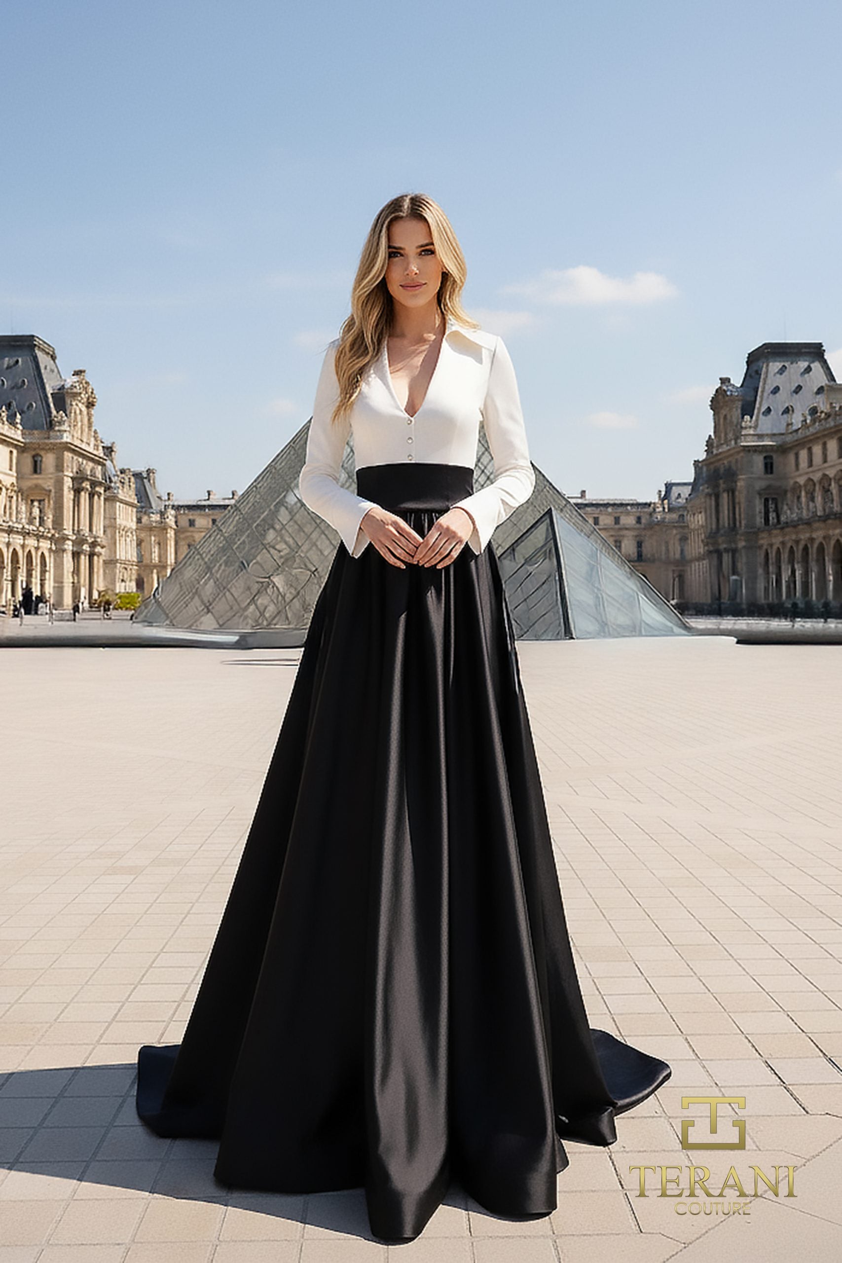 V-Neck Matte Tafetta A-Line Gown with Long Sleeves - 261E6204