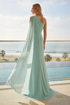 One-Shoulder Chiffon Column Gown with Cape Sleeve and Slit - 261E6205