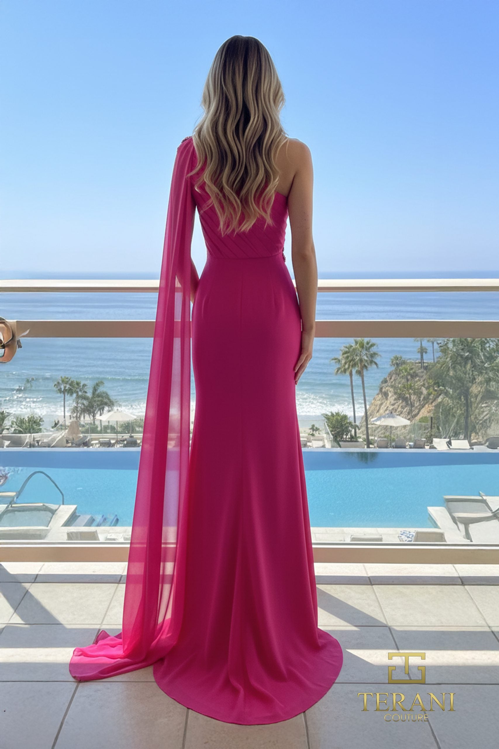 One-Shoulder Chiffon Column Gown with Cape Sleeve and Slit - 261E6205