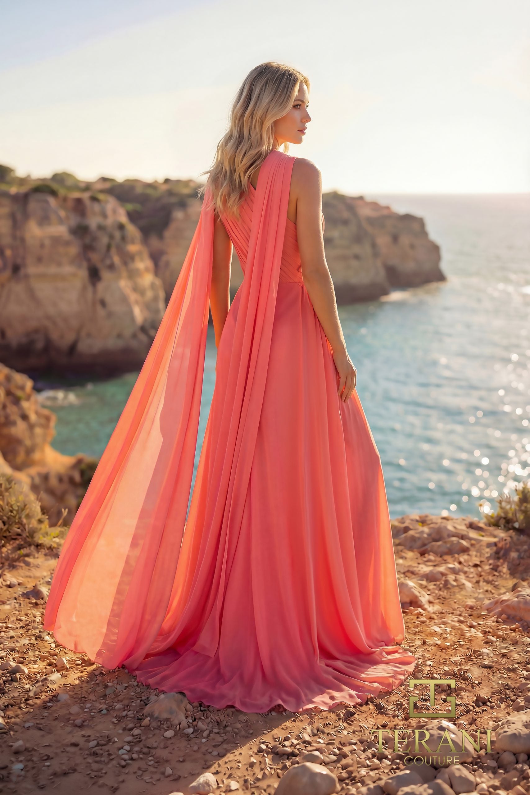 One-Shoulder Chiffon Column Gown with Cape Sleeve and Slit - 261E6205