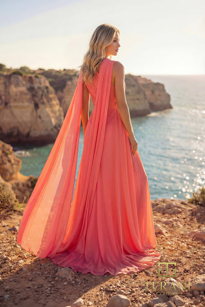 One-Shoulder Chiffon Column Gown with Cape Sleeve and Slit - 261E6205