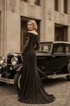 Off-Shoulder Lace & Matte Satin Column Gown with Long Sleeves - 261E6208