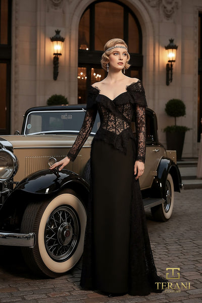 Off-Shoulder Lace & Matte Satin Column Gown with Long Sleeves - 261E6208