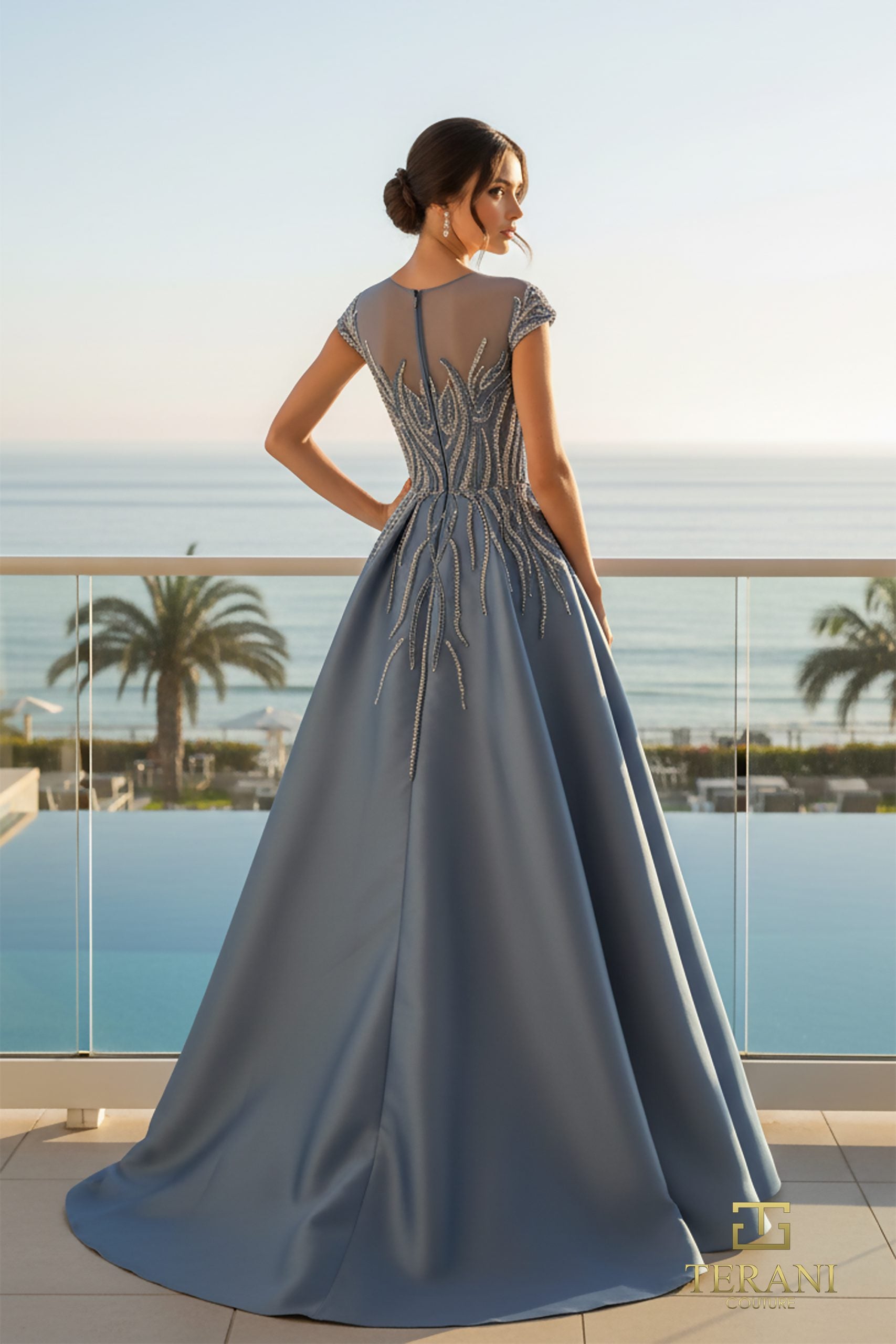 Illusion Neck Stretch Mikado Column Gown with Overskirt and Cap