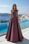 Illusion Neck Stretch Mikado Column Gown with Overskirt and Cap Sleeves - 261E6254