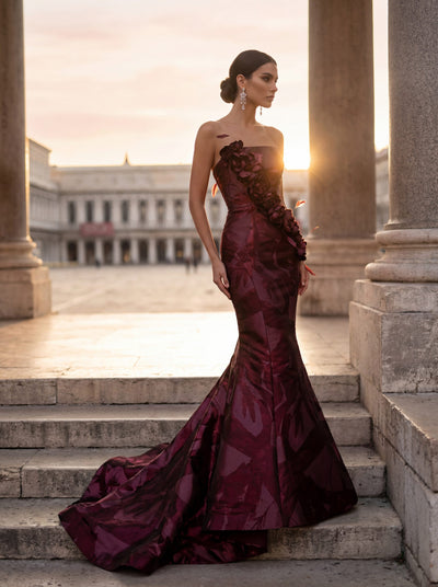 Straight Neck Shimmer Jacquard Mermaid Gown - 261E6259