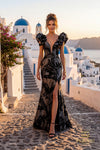 V-Neck Jacquard Column Gown with Slit - 261E6268
