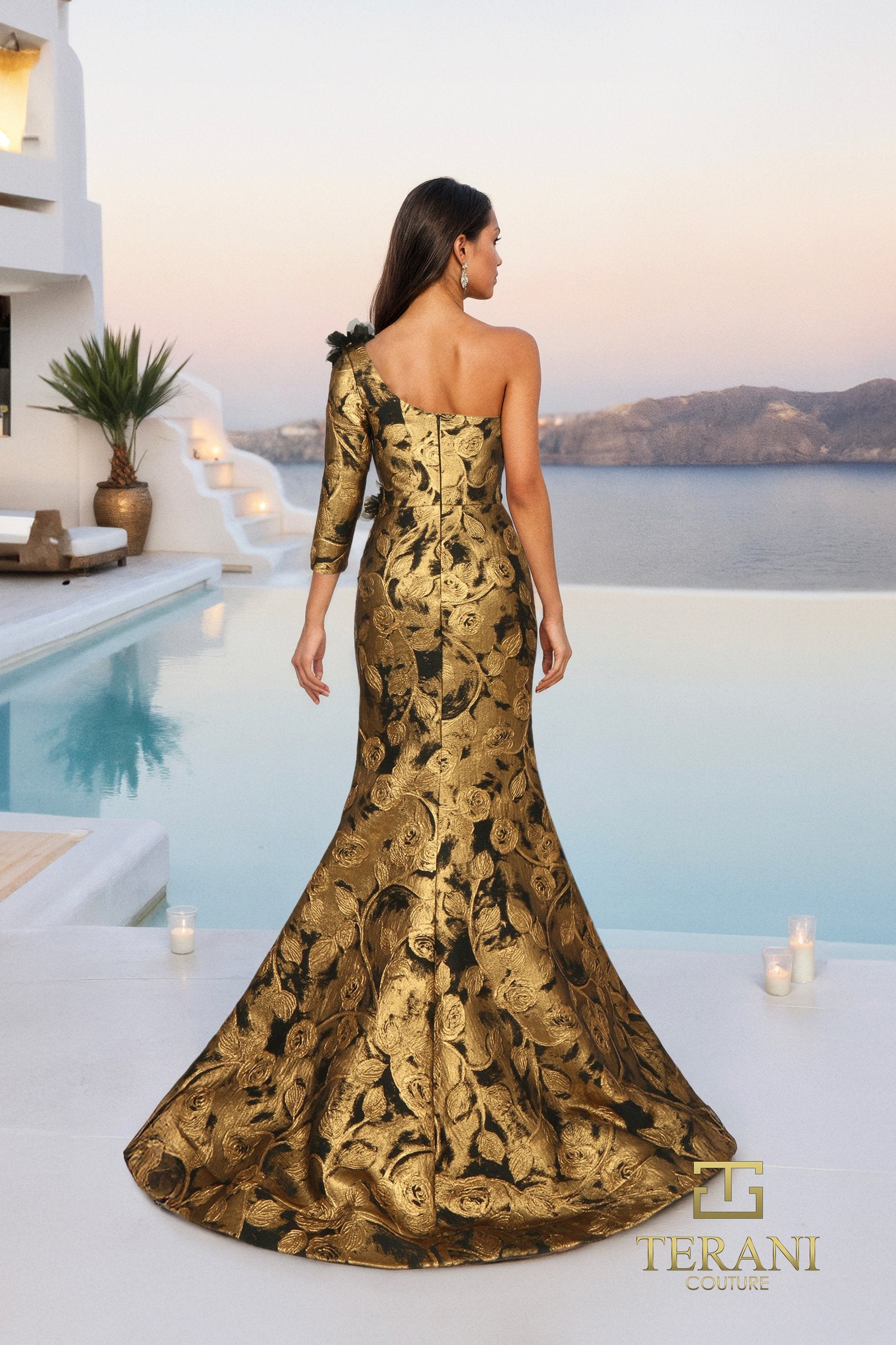 Asymmetric One-Shoulder Brocade Trumpet Gown with 3/4 Sleeve