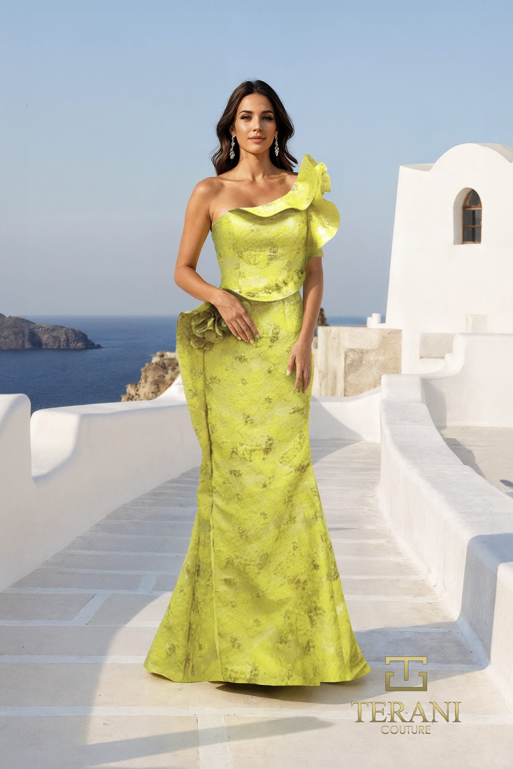 Ruffled One-Shoulder Jacquard Mermaid Gown with Slit - 261E6678