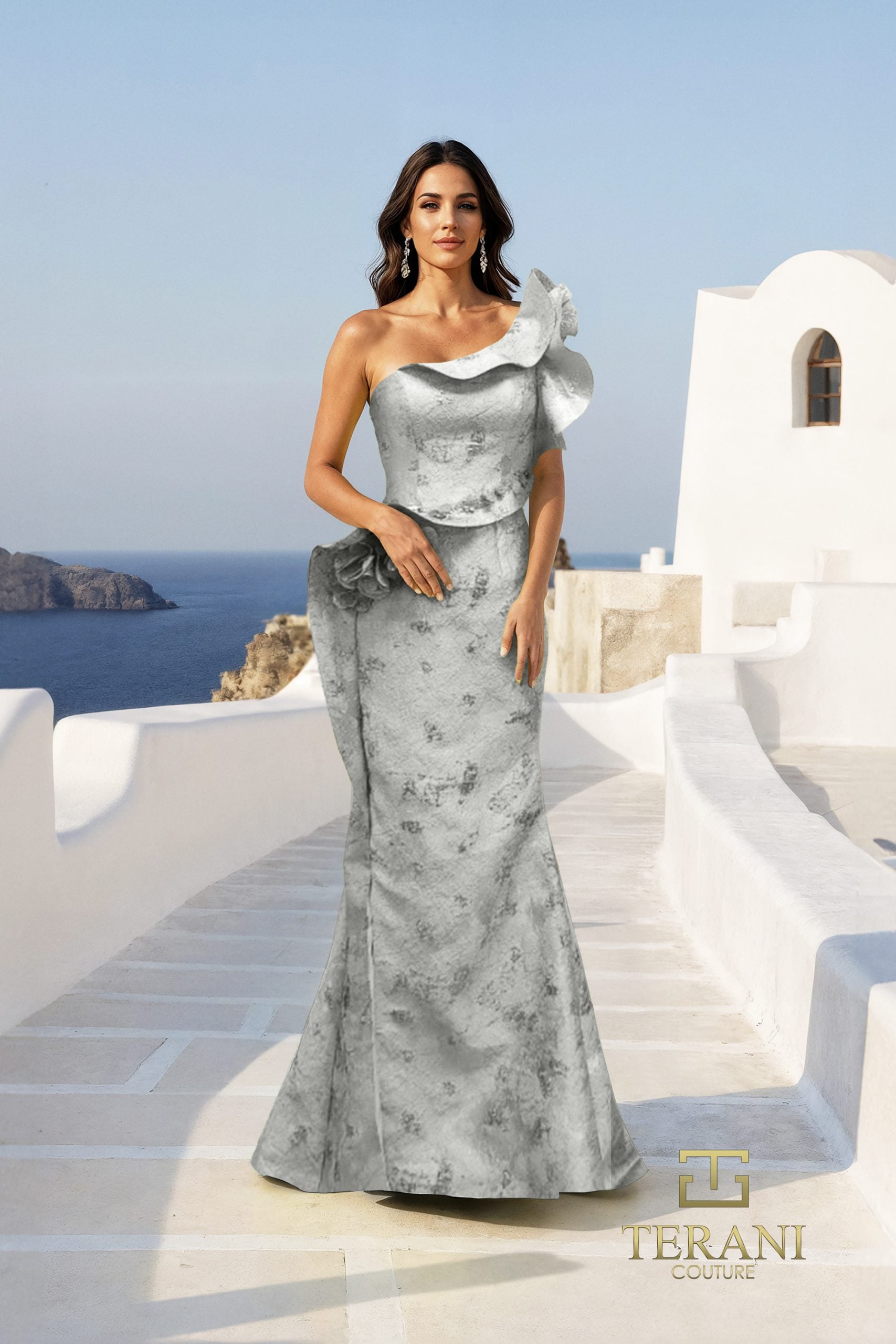 Ruffled One-Shoulder Jacquard Mermaid Gown with Slit - 261E6678