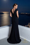 V-Neck Crepe Sheath Gown with Cap Sleeves and Slit - 261E6721