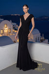 V-Neck Crepe Sheath Gown with Cap Sleeves and Slit - 261E6721