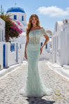 Asymmetric Off-Shoulder Beaded Tulle Sheath Gown with Cap Sleeve - 261GL6756