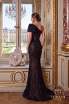 Asymmetric Off-Shoulder Beaded Tulle Sheath Gown with Cap Sleeve - 261GL6756