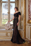 Asymmetric Off-Shoulder Beaded Tulle Sheath Gown with Cap Sleeve - 261GL6756