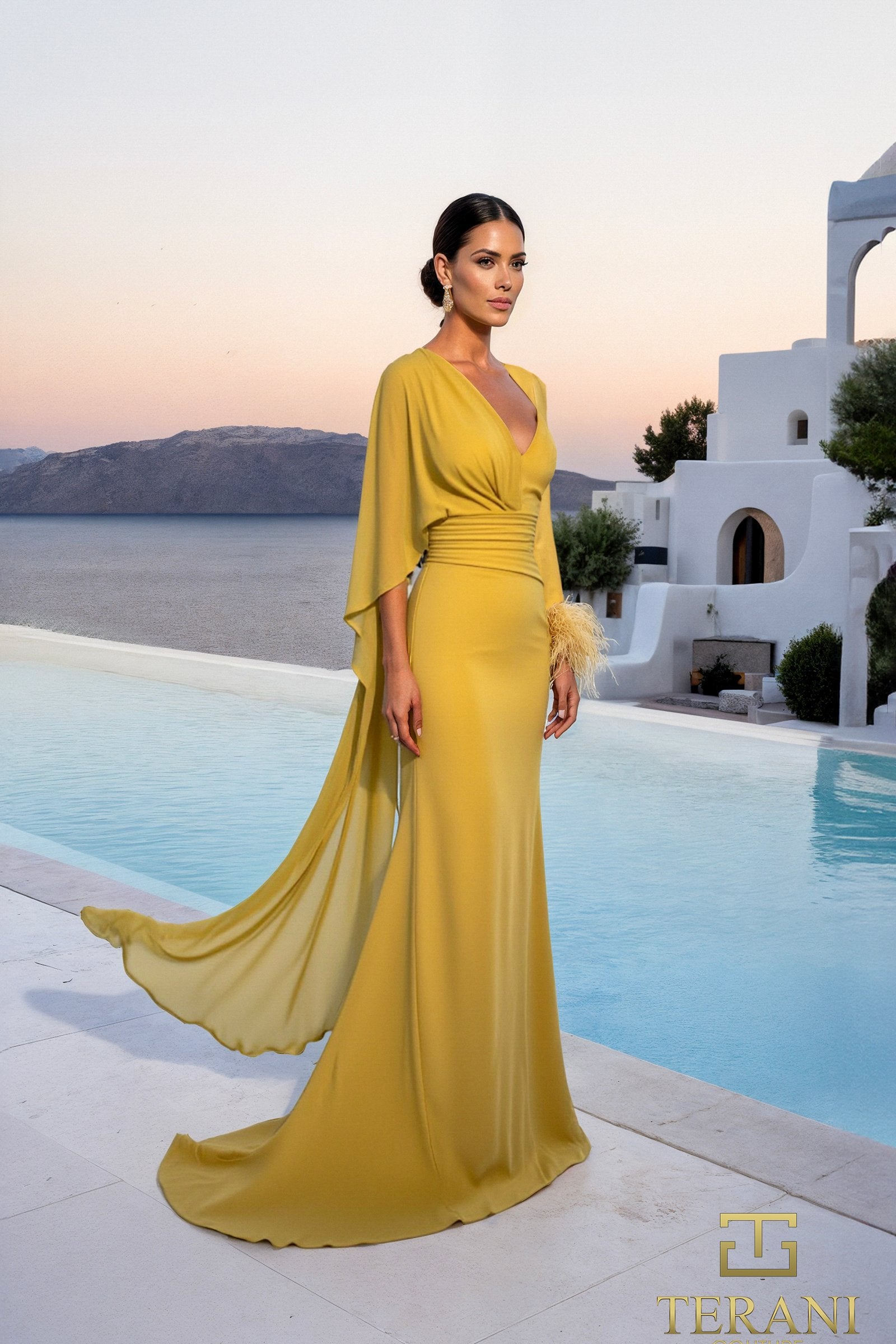 Asymmetric Chiffon Sheath Gown with Train and Long Sleeves - 261M6403