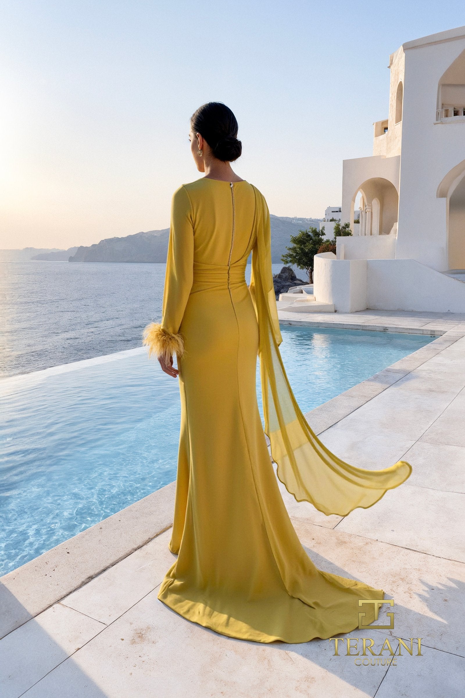 Asymmetric Chiffon Sheath Gown with Train and Long Sleeves - 261M6403