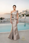 Asymmetric One-Shoulder Mikado & Lace Sheath Gown with Peplum - 261M6408