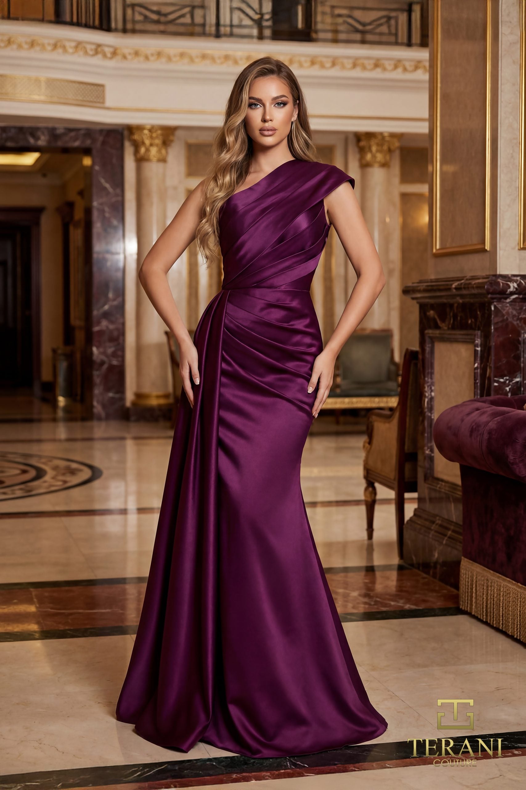 Asymmetric One-Shoulder Stretch Mikado Fit & Flare Gown