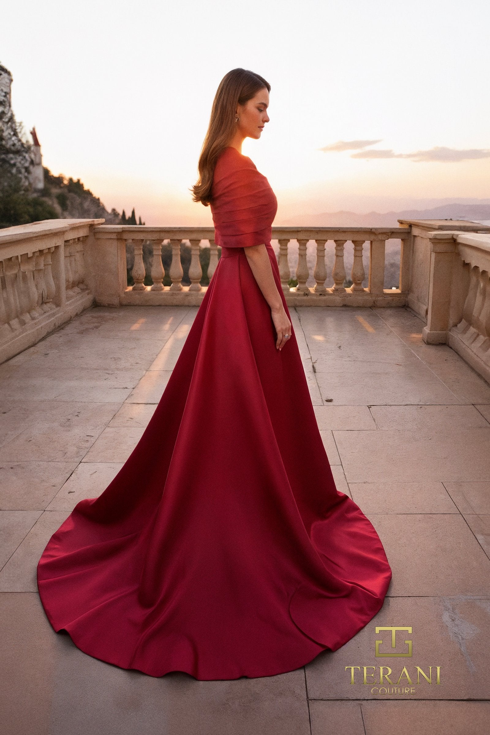 Straight Neck Matte Satin A-Line Gown with Shawl