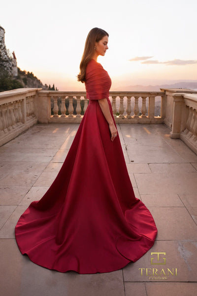 Straight Neck Matte Satin A-Line Gown with Shawl - 261M6415
