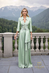 Collared Deep V Matte Tafetta A-Line Gown with 3/4 Sleeves - 261M6418
